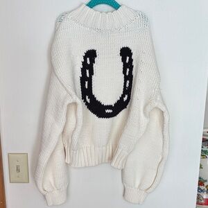 Maeve Anthropologie Cozy White Sweater with Black Horseshoe Design size XS